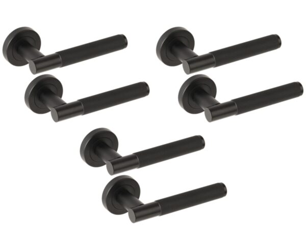 3 Sets Evo Knurled Grip Lever On Round Rose Door Handles - Black Matt