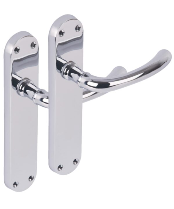 1 Pair of Avis Polished Chrome Lever Latch Door Handle Set on Long Backplate