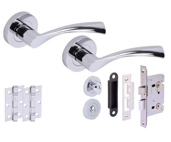 Lobo Door Handles on Rose Bathroom Lock Pack (65mm) - Polished Chrome