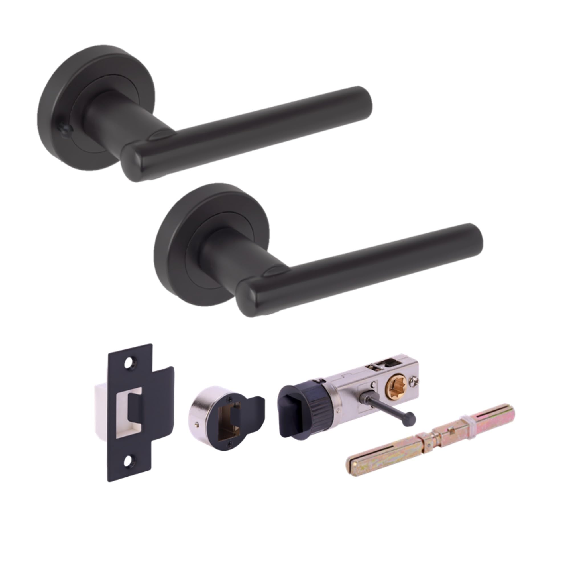 Solus Privacy Lever On Round Rose Door Handles, with Bullet Privacy Latch - Black Matt