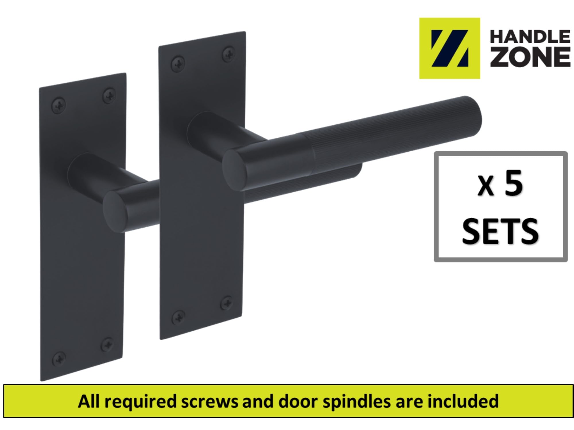 5 Pairs of Levada Grip Black Matt Designer Lever Latch Door Handle Set on Long Flat Backplate - Image 2