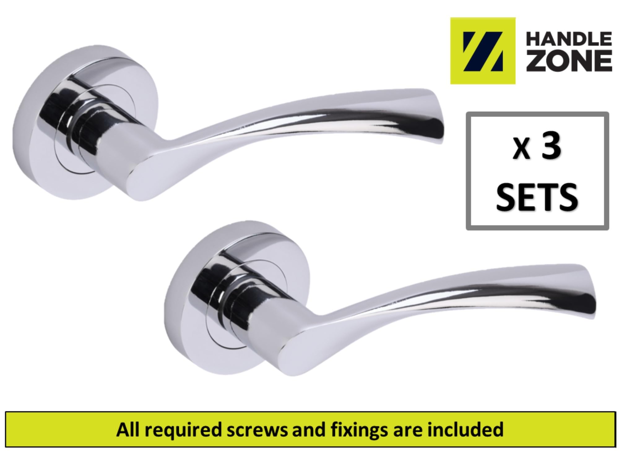 3 Sets Lobo Lever On Round Rose Door Handles - Polished Chrome - Image 2