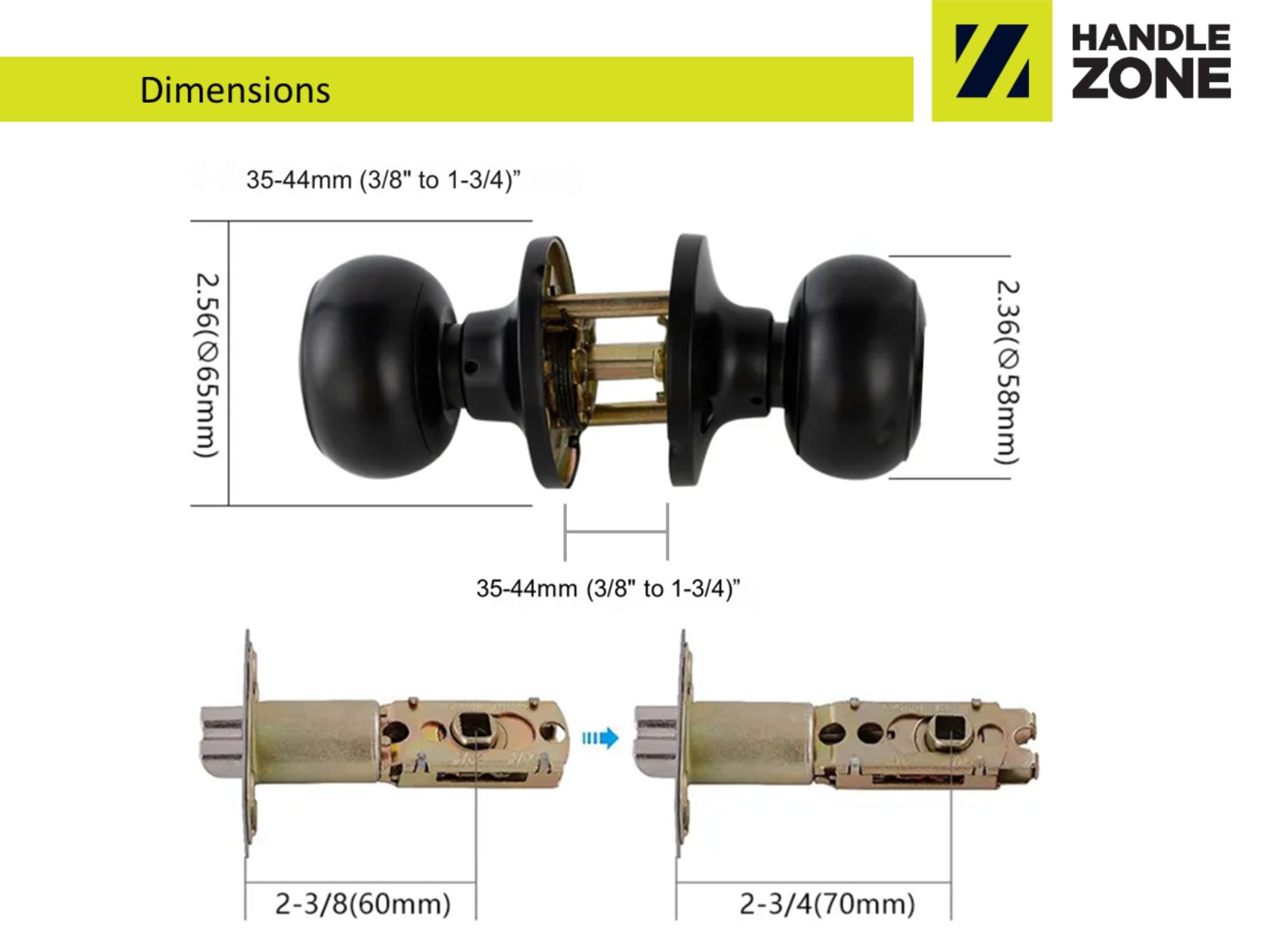 3 Sets Riva Passage Knobset, Non-Locking Interior Door Knobset, Adjustable 60-70mm Latch – Black Matt - Image 6