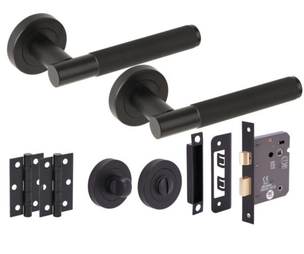 Evo Knurled Grip Door Handles on Rose Bathroom Lock Pack (76mm) - Standard Turn Set - Black Matt