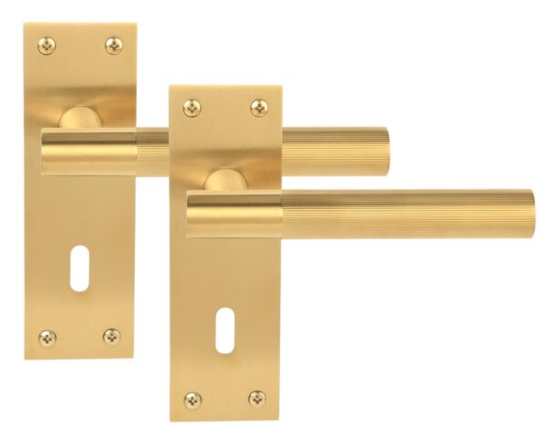 1 Pair of Levada Grip Satin Brass Designer Lever Lock Door Handle Set on Long Flat Backplate
