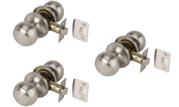 3 Sets Riva Passage Knobset, Non-Locking Interior Door Knobset, Adjustable 60-70mm Latch – Satin Stainless Steel
