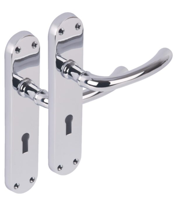 1 Pair of Avis Polished Chrome Lever Lock Door Handle Set on Long Backplate