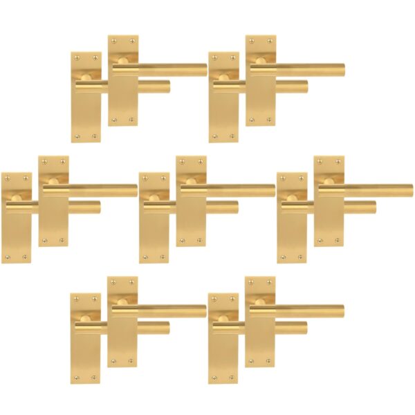 7 Pairs of Levada Grip Satin Brass Designer Lever Latch Door Handle Set on Long Flat Backplate