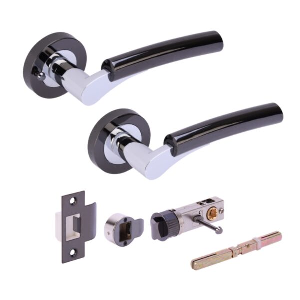 Raida Privacy Lever On Round Rose Door Handles, with Bullet Privacy Latch - Black Nickel/Polished Chrome