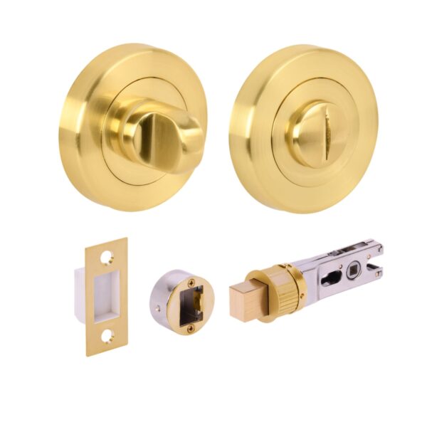 Bathroom Toilet Door Thumb Turn and Release Bullet Round Deadbolt Kit - Satin Brass - 76mm Bolt with 57mm Backset
