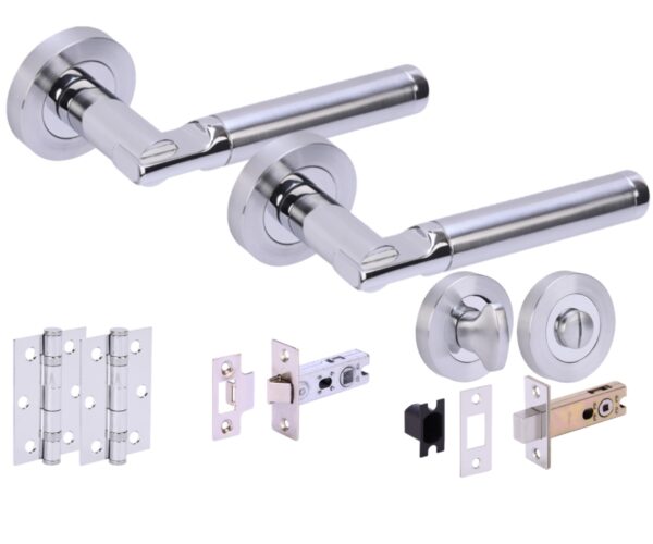 Lacerta Premium Door Handles on Rose Bathroom Deadbolt Pack (76mm) - Polished/Satin Chrome