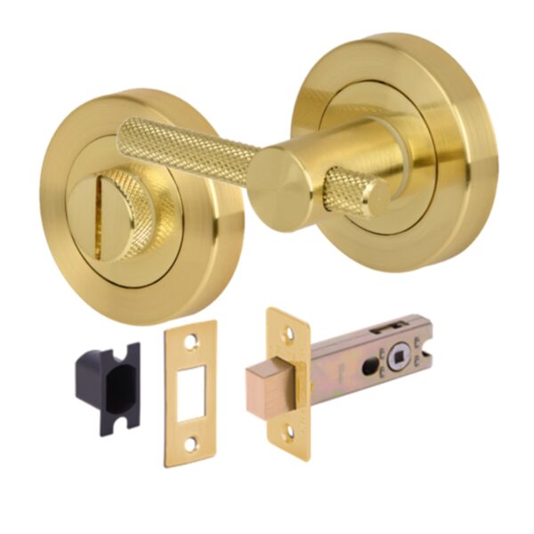 Knurled Bar Designer Bathroom Toilet Door Thumb Turn and Release Deadbolt Kit - Satin Brass - 76mm Bolt with 57mm Backset