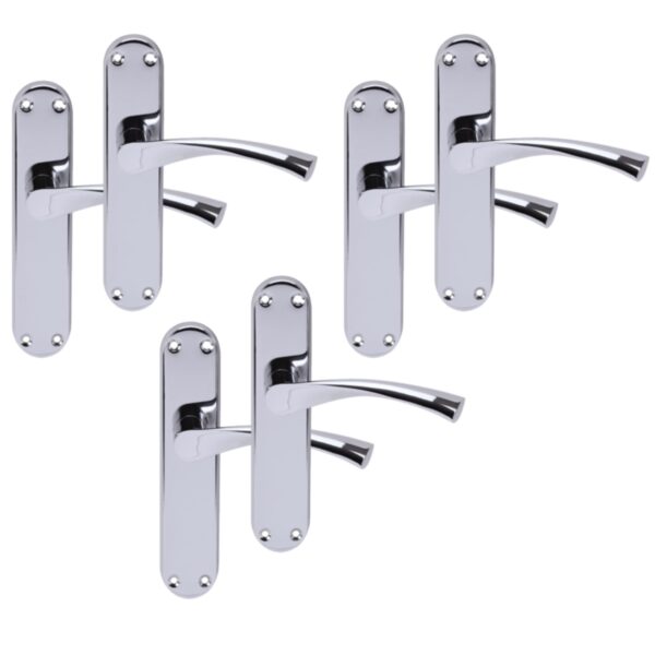 3 Pairs Lobo Polished Chrome Lever Latch Door Handle Set on Long Backplate