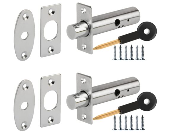 2 Pack Mortice Security Door Bolts, 60mm Rack Bolts - Silver Nickel Plated - with 2 Star Keys