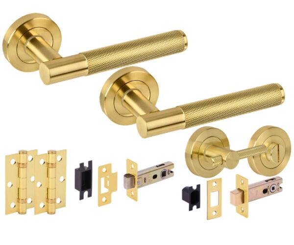 Evo Knurled Grip Door Handles on Rose Bathroom Deadbolt Pack (76mm) - Knurled Turn Set - Satin Brass