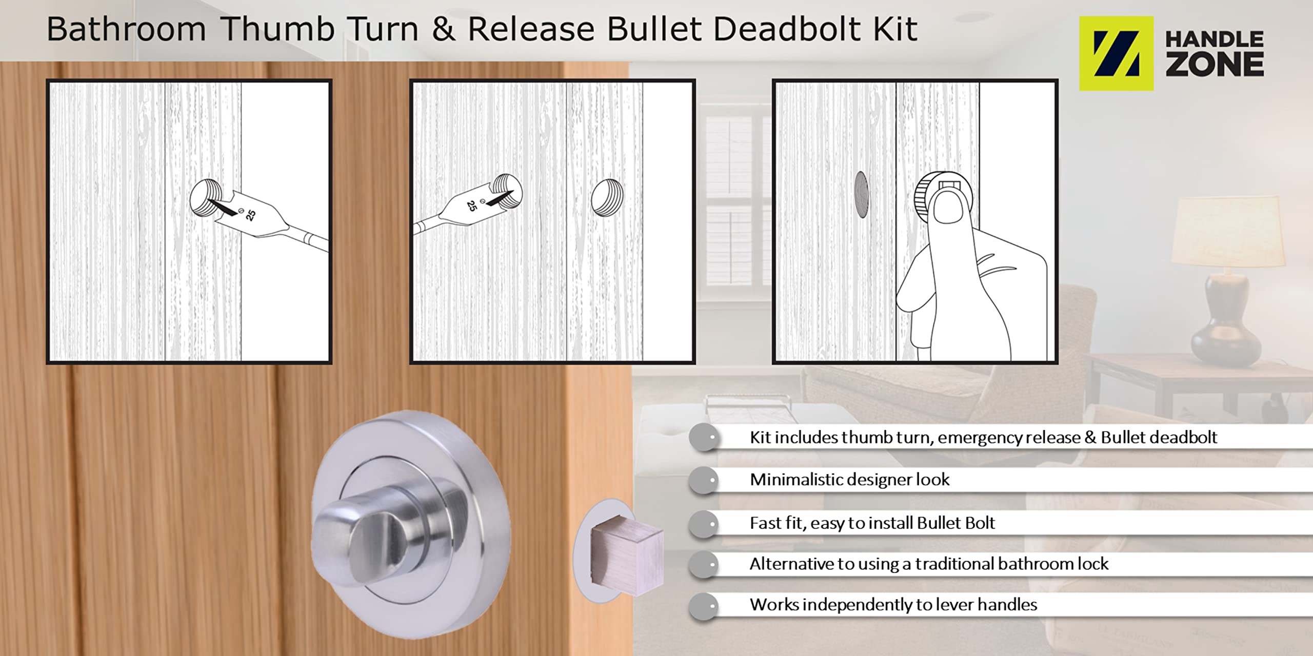 Bathroom Toilet Door Thumb Turn and Release Bullet Round Deadbolt Kit - Satin Chrome - 76mm Bolt with 57mm Backset - Image 4