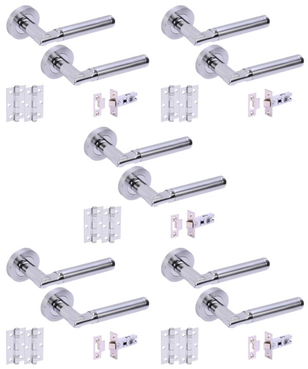 5 Sets Lacerta Premium Internal Door Handles on Rose Lever Latch Door Packs (76mm) - Polished/Satin Chrome