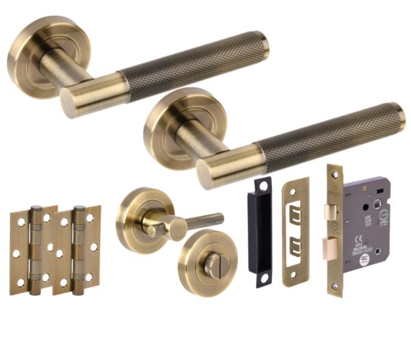 Evo Knurled Grip Door Handles on Rose Bathroom Lock Pack (76mm) - Knurled Turn Set - Antique Bronze