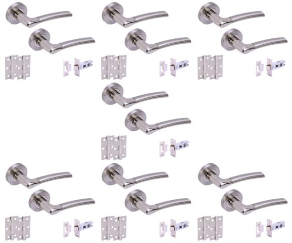 7 Sets Ursa Internal Door Handles on Rose Lever Latch Door Packs (76mm) - Polished/Satin Nickel
