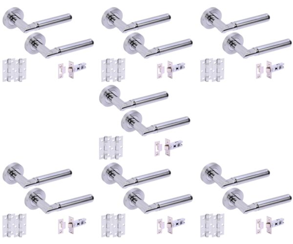 7 Sets Lacerta Premium Internal Door Handles on Rose Lever Latch Door Packs (76mm) - Polished/Satin Chrome