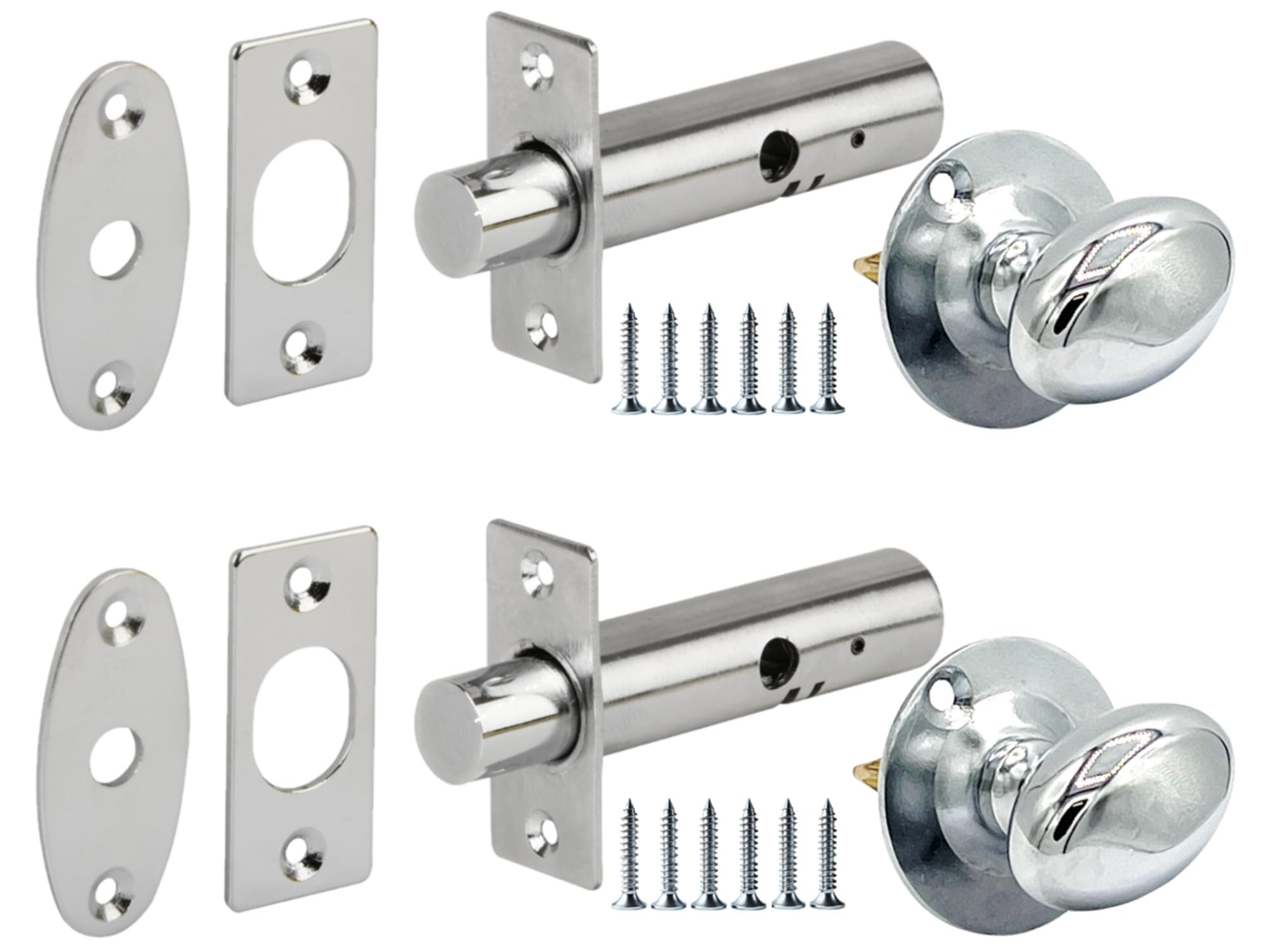 2 Pack Mortice Security Door Bolts, 60mm Silver Rack Bolt, with Polished Chrome Oval Thumbturns