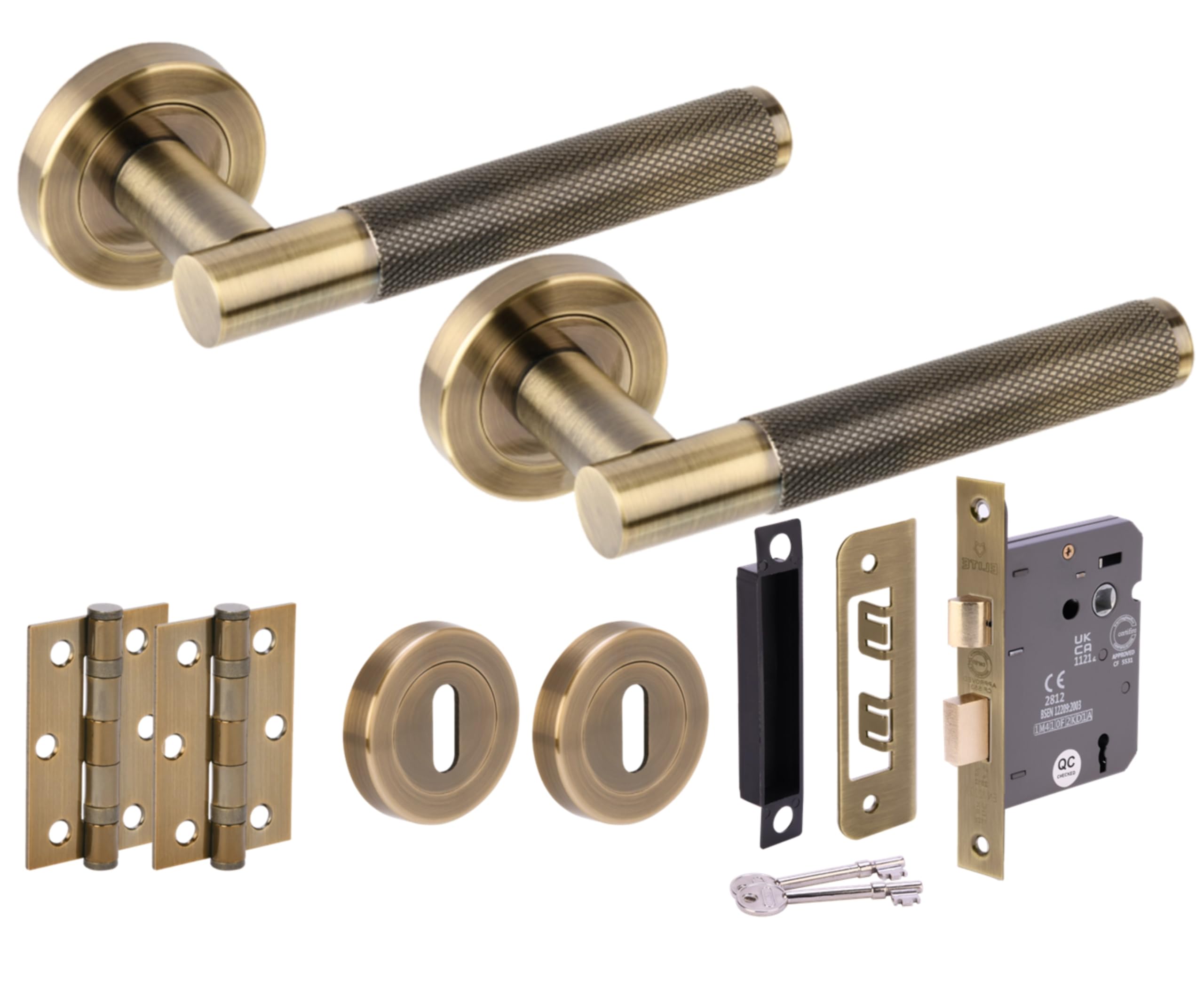 Evo Knurled Grip Door Handles on Rose 3 Lever Lock Pack (76mm) - Antique Bronze