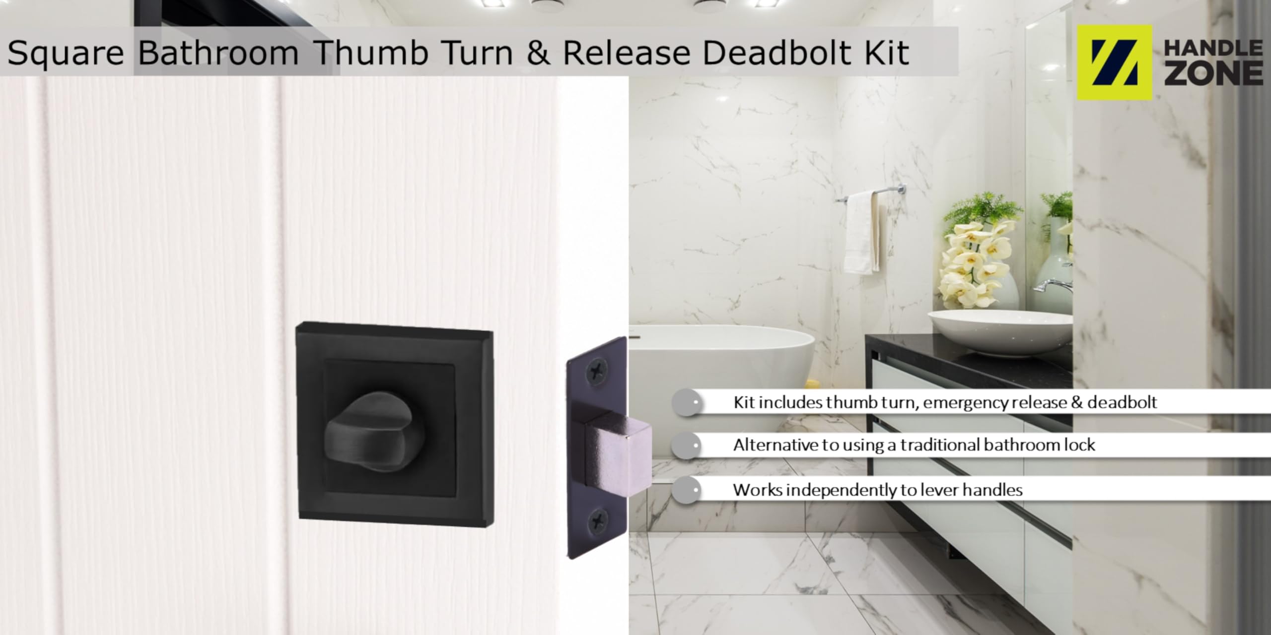 Square Rose Bathroom Toilet Door Thumb Turn and Release Deadbolt Kit - Black Matt - 76mm Bolt with 57mm Backset - Image 4