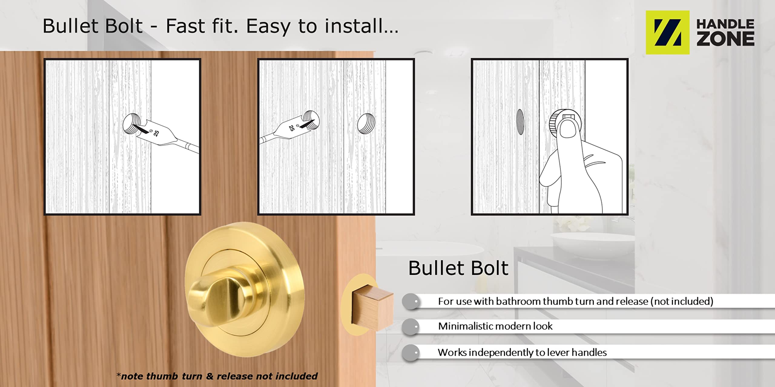 76mm Bullet Bolt - Satin Brass - 57mm Backset - Image 3