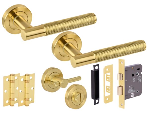 Evo Knurled Grip Door Handles on Rose Bathroom Lock Pack (76mm) - Knurled Turn Set - Satin Brass