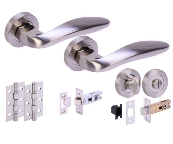Lagus Door Handles on Rose Bathroom Deadbolt Pack (76mm) - Polished/Satin Nickel