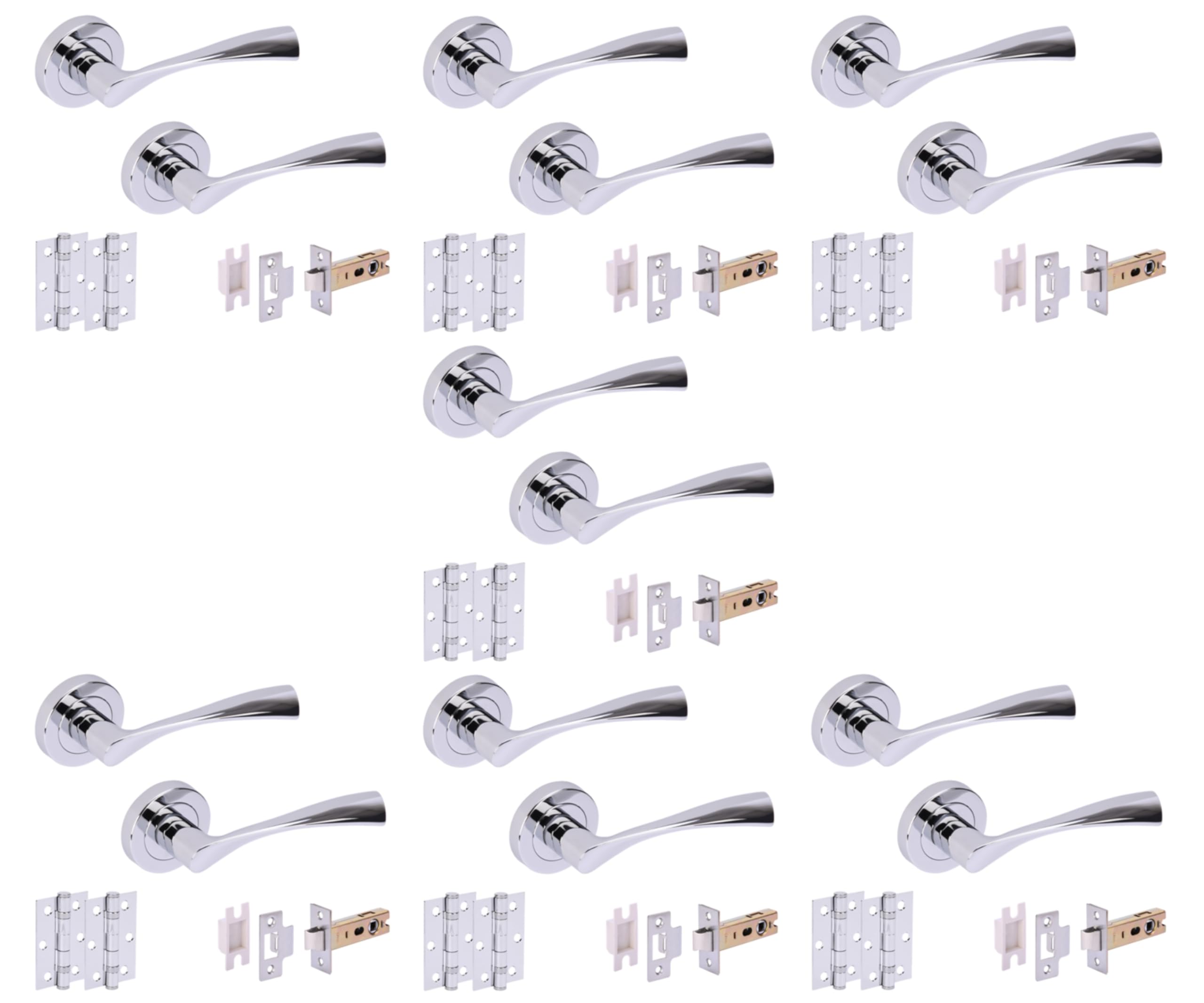 7 Sets Zena Internal Door Handles on Rose Lever Latch Door Packs (76mm) - Polished Chrome