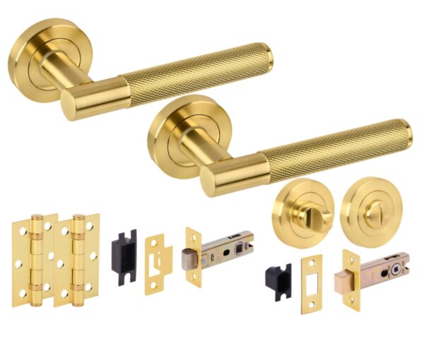 Evo Knurled Grip Door Handles on Rose Bathroom Deadbolt Pack (76mm) - Standard Turn Set - Satin Brass