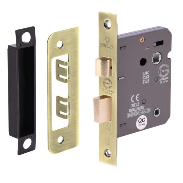 65mm (2 1/2 inch) Satin Brass Bathroom Lock CE & UKCA Approved - Fire Rated - 45mm Backset