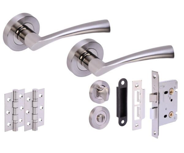 Lobo Door Handles on Rose Bathroom Lock Pack (76mm) - Polished/Satin Nickel