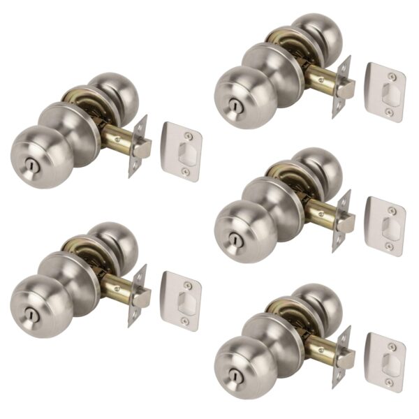 5 Sets Riva Privacy Knobset, Keyless Lock with Emergency Release, Adjustable 60-70mm Latch – Satin Stainless Steel