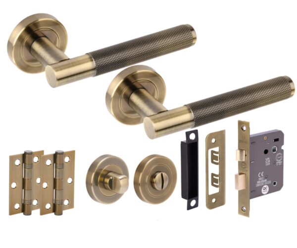 Evo Knurled Grip Door Handles on Rose Bathroom Lock Pack (76mm) - Standard Turn Set - Antique Bronze