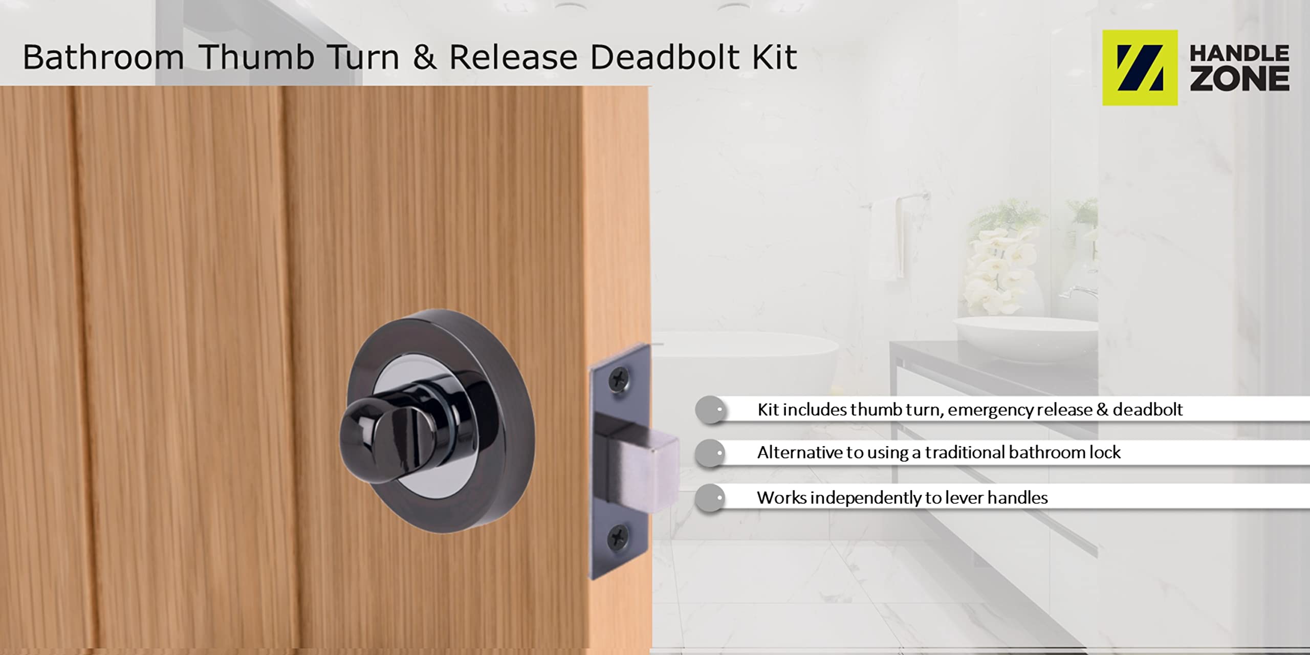 Bathroom Toilet Door Thumb Turn and Release Deadbolt Kit - Dual Finish Black Nickel/Polished Chrome - 76mm Bolt with 57mm Backset - Image 4