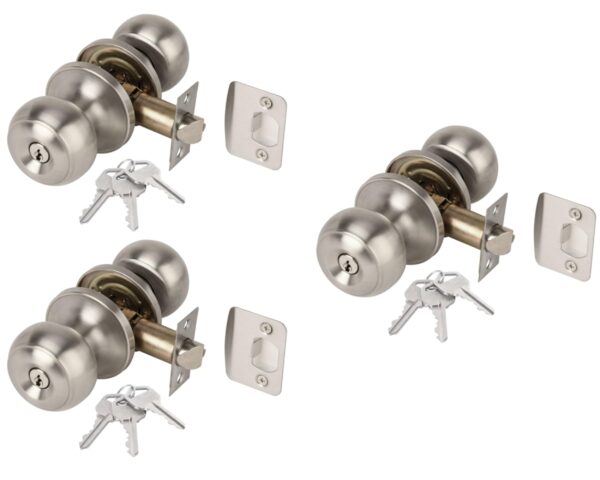 3 Sets Riva Entrance Knobset, Key Locked Door Knobset, Adjustable 60-70mm Latch – Satin Stainless Steel
