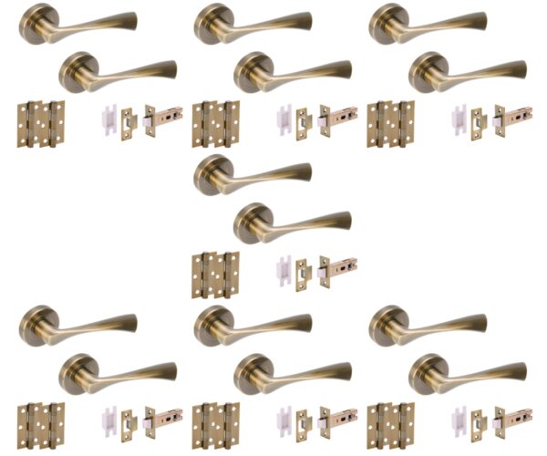 7 Sets Zena Internal Door Handles on Rose Lever Latch Door Packs (76mm) - Antique Bronze