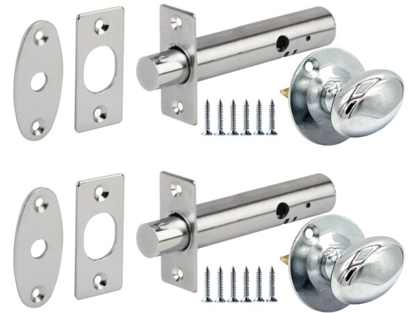 2 Pack Mortice Security Door Bolts, Extended 88mm Silver Rack Bolt, with Polished Chrome Oval Thumbturns