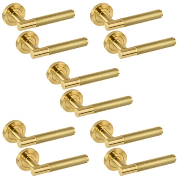 5 Sets Evo Knurled Grip Lever On Round Rose Door Handles - Satin Brass