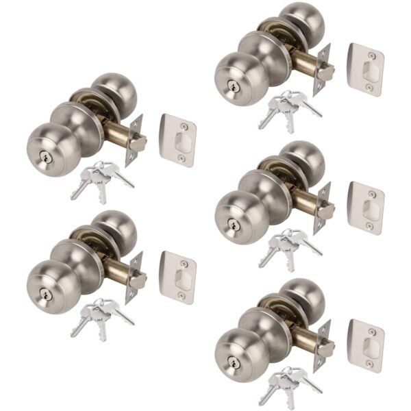 5 Sets Riva Entrance Knobset, Key Locked Door Knobset, Adjustable 60-70mm Latch – Satin Stainless Steel
