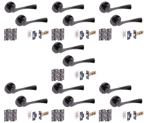 7 Sets Zena Internal Door Handles on Rose Lever Latch Door Packs (76mm) - Black Nickel