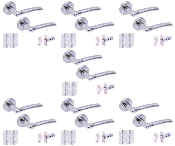 7 Sets Columba Internal Door Handles on Rose Lever Latch Door Packs (65mm) - Dual Polished/Satin Chrome