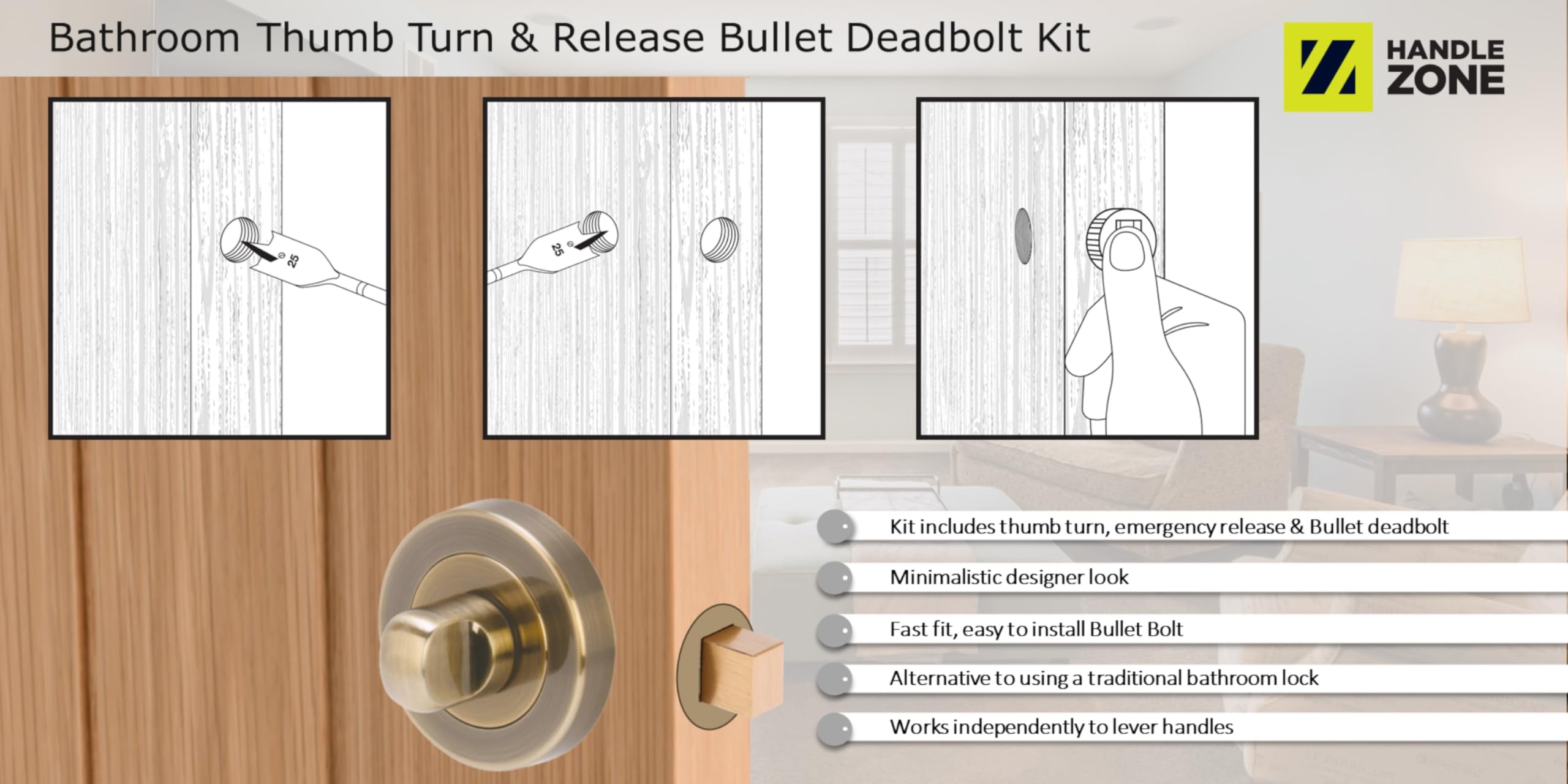 Bathroom Toilet Door Thumb Turn and Release Bullet Round Deadbolt Kit - Antique Bronze - 76mm Bolt with 57mm Backset - Image 4