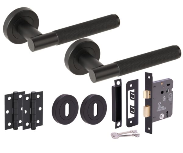 Evo Knurled Grip Door Handles on Rose 3 Lever Lock Pack (76mm) - Black Matt