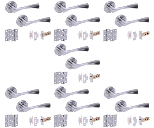7 Sets Zena Internal Door Handles on Rose Lever Latch Door Packs (76mm) - Satin Chrome