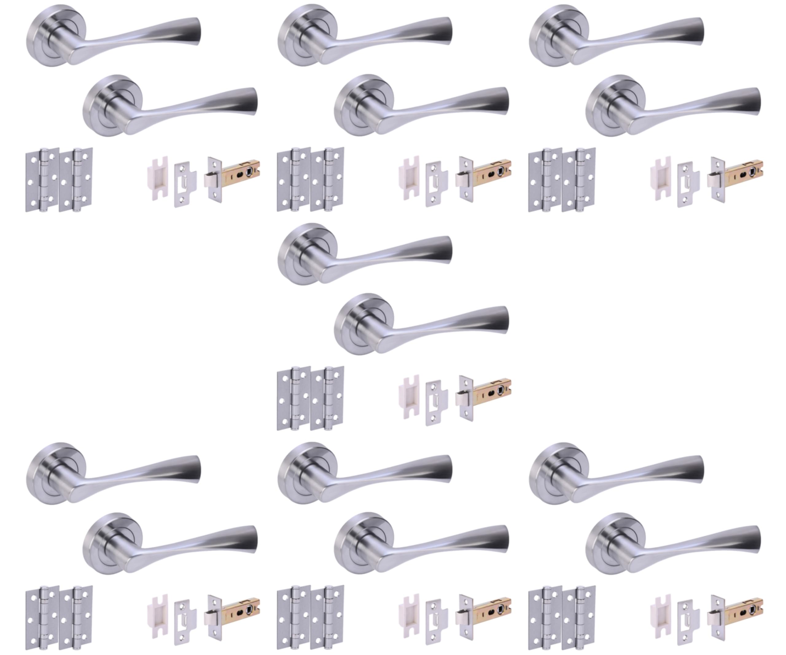 7 Sets Zena Internal Door Handles on Rose Lever Latch Door Packs (76mm) - Satin Chrome