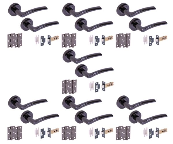 7 Sets Nemo Internal Door Handles on Rose Lever Latch Door Packs (76mm) - Black Nickel