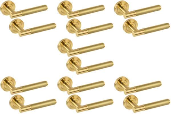 7 Sets Evo Knurled Grip Lever On Round Rose Door Handles - Satin Brass